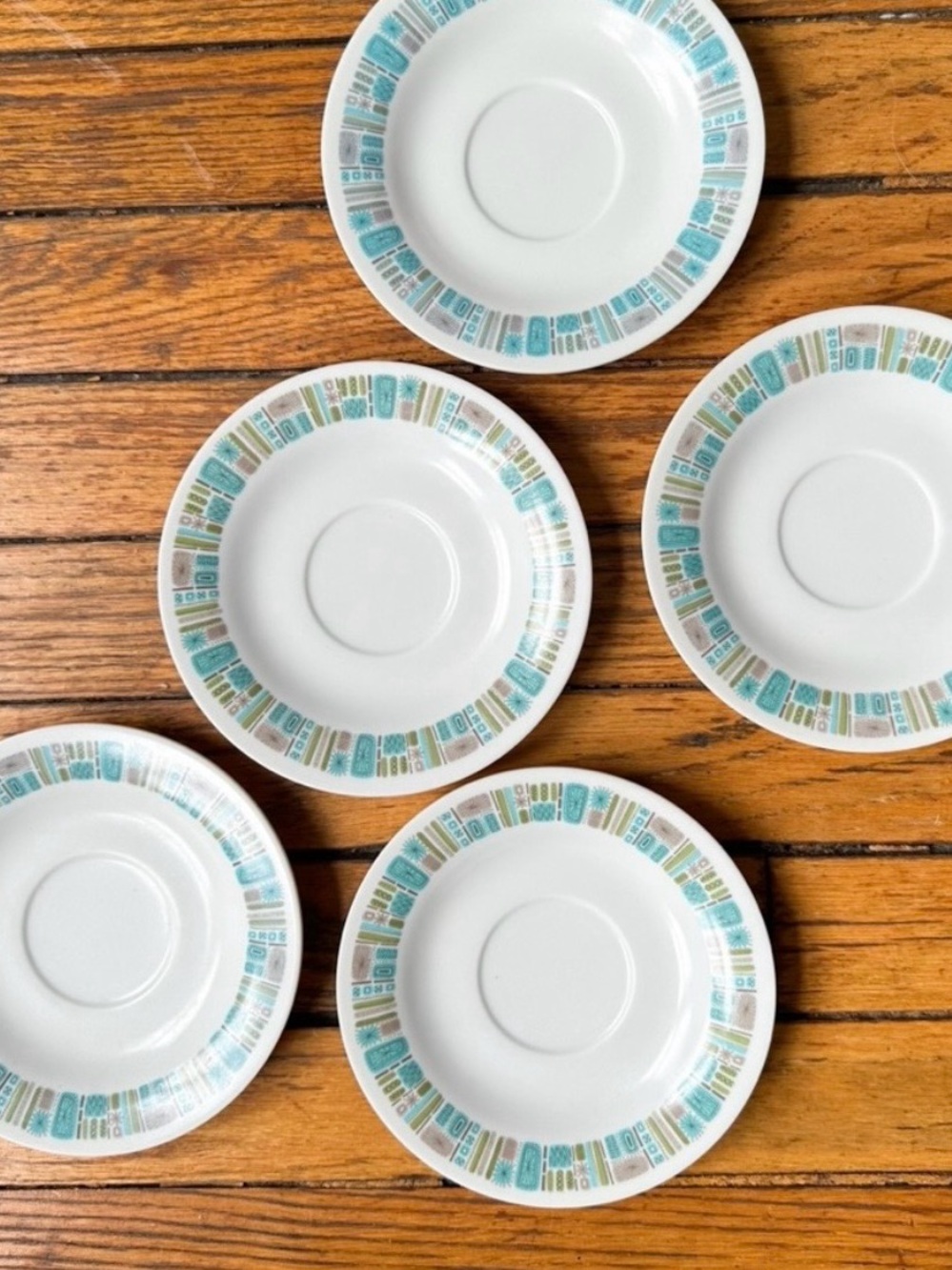 Vintage MCM Texas Ware Atomic Mayan Melamine Saucer Dishes Set of 5 Aztec Print